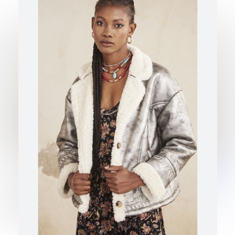 NKN Nekane Gaia Silver Faux Shearling Aviator Jacket Embroidered Medium NWT